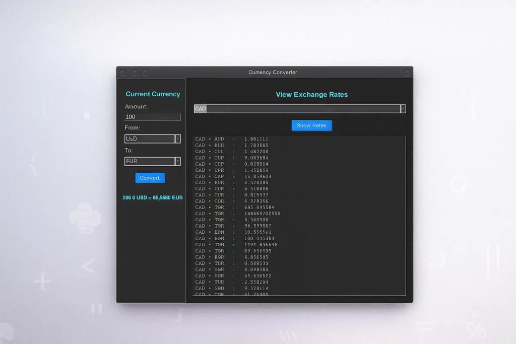Python Currency Converter illustration showing a GUI app with exchange rates and Python logo