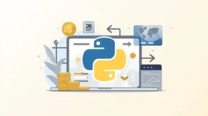Python Currency Converter illustration showing a GUI app with exchange rates and Python logo