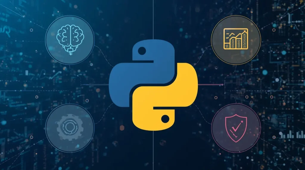 Python applications in real-world fields including AI, data science, web development, automation, cybersecurity, and finance