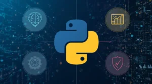 Python applications in real-world fields including AI, data science, web development, automation, cybersecurity, and finance